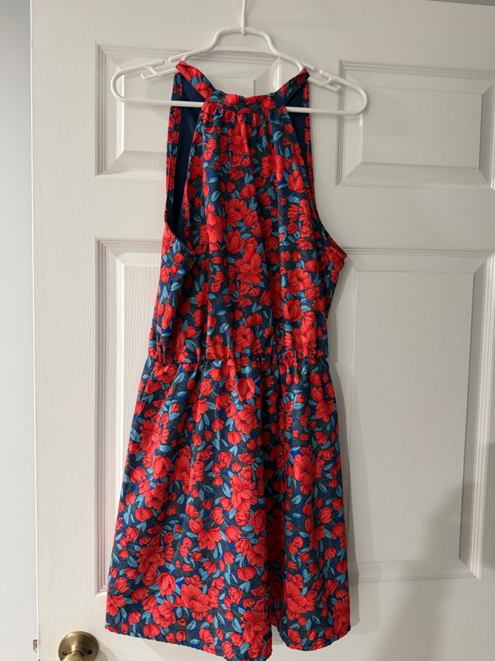 Navy Floral Halter Summer Dress - Red & Teal Flowers